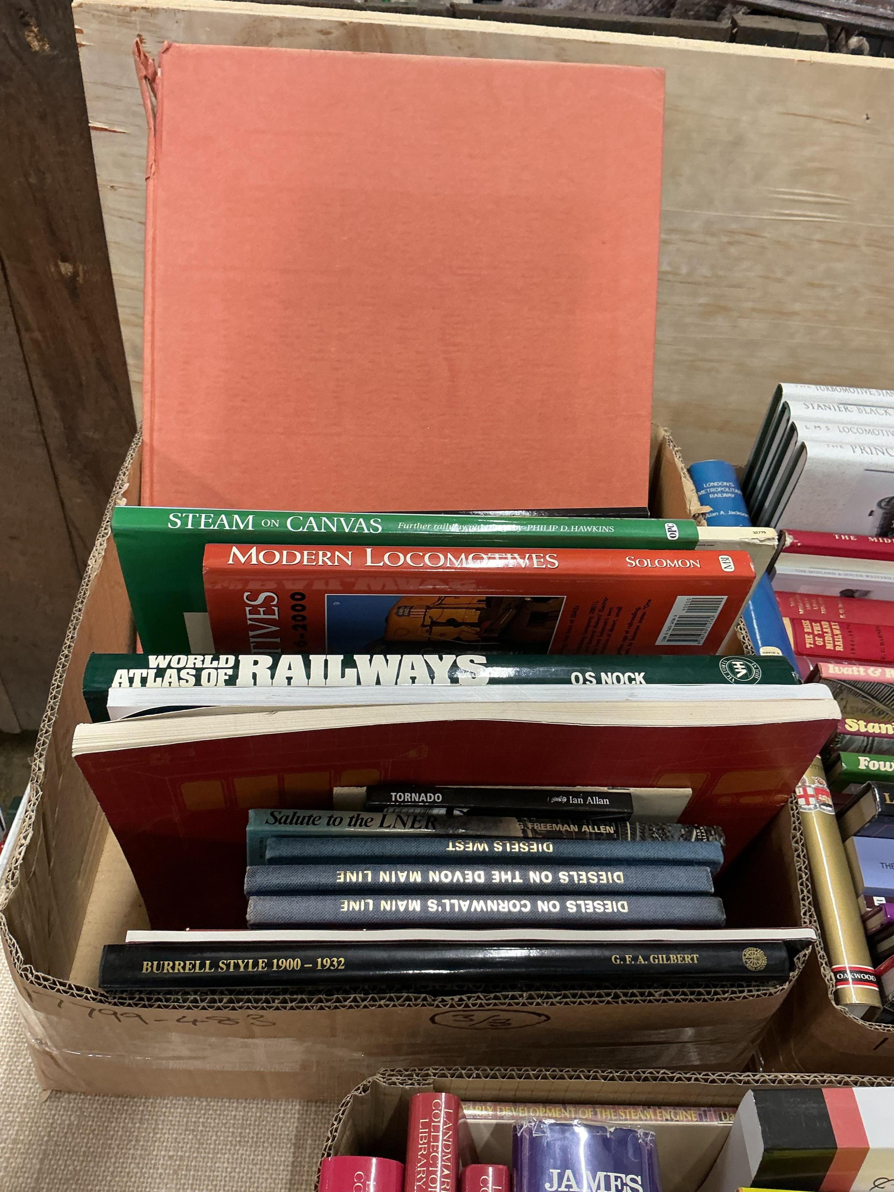 Three boxes of railway related books, subjects include; James Watt, Steam Engine Theory, LMS Locomotive Design & Development, Locomotive Engineers of the LMS, Fowler Locomotives, World Atlas of Railways, Steam on Canvas,